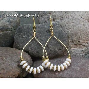 White Czech Glass Beaded Gold Teardrop Hoop Earrings One-of-a-Kind Handmade